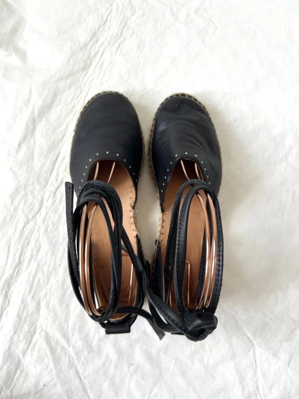 All Saints espadrilles 37 7 womens black leather flats ankle tie lace up studded